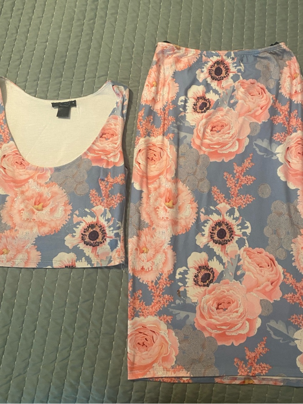 Floral Midi Skirt in Coral & Dusty Blue - Women's Two-Piece Set